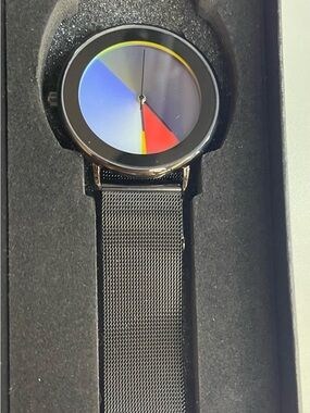 Black Mesh Wristwatch with Multicolor Dial - Modern Minimalist